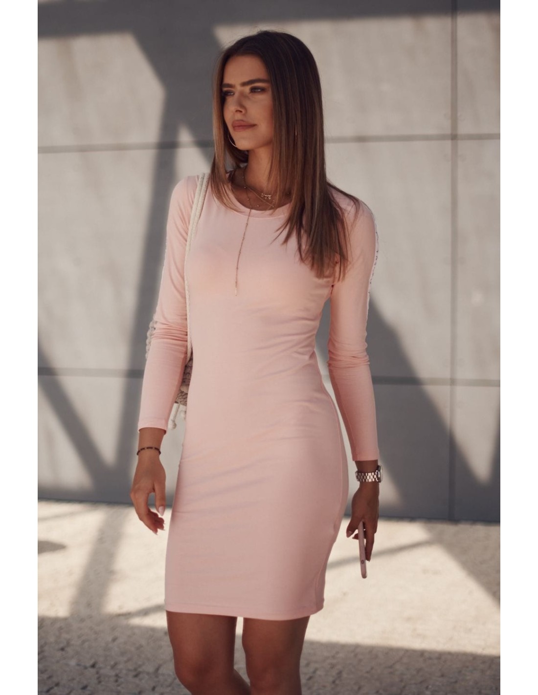 Rochie din bumbac cu dungi pe maneci, pudra FK550 - Magazin online - Boutique